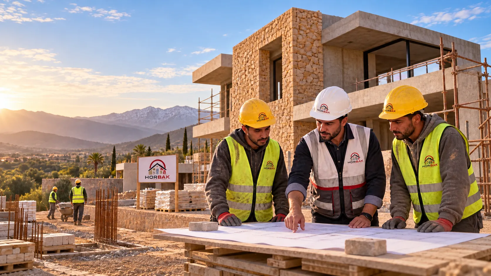Étude de plans sur un chantier de villa contemporaine au Maroc